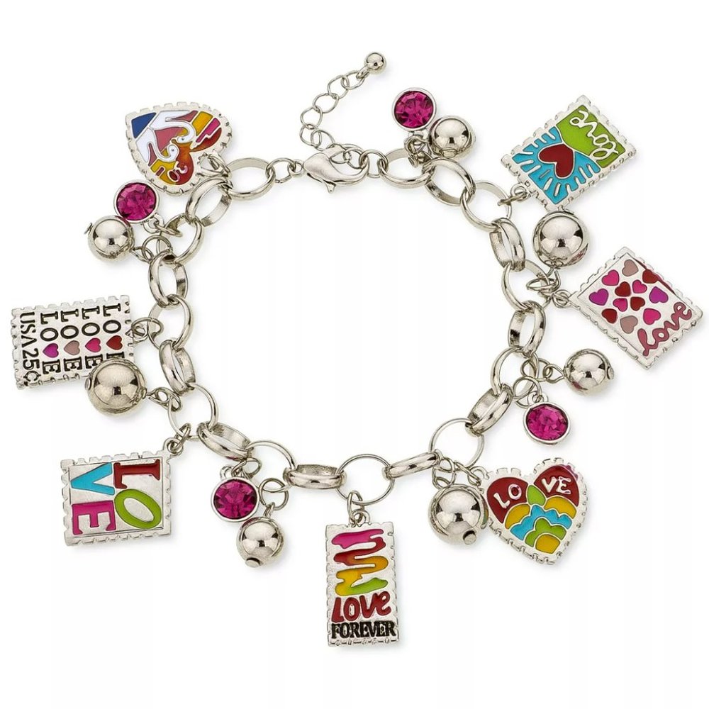 Holiday Lane Silver-Tone Crystal & Bead Love Stamp Charm Bracelet